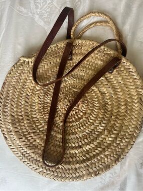 Woven Round Straw Tote Bag with Brown Leather Straps